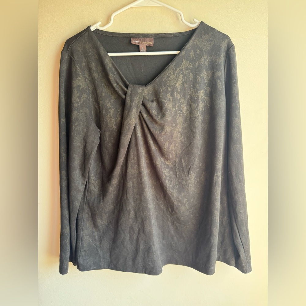 DANA BUCHMAN BLACK GOLD ACCENT MODERN COLLAR BLOUSE WOMENS SIZE Large